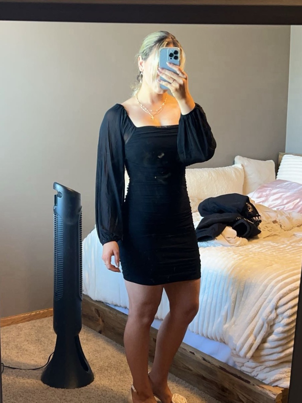 Amazon Black Square-Neck Long-Sleeve Mini Dress